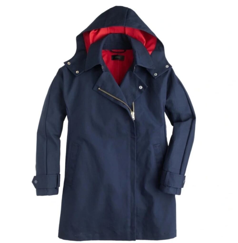 J.Crew Navy Belvedere Blue & Red Detachable Hood Cotton Swing Trench Coat Size M